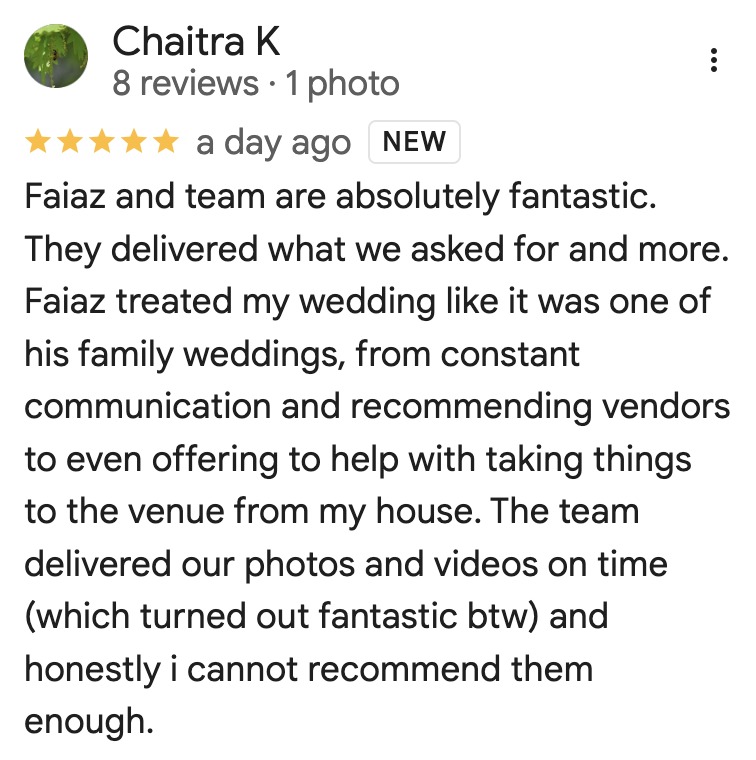 Recent five-star Google review from Chaitra K: personal care, constant communication and fantastic photos delivered on time