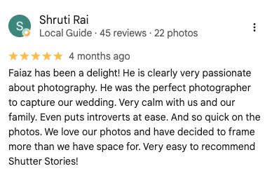 Google review from Shruti Rai: a calm photographer who puts introverts at ease and photos they love